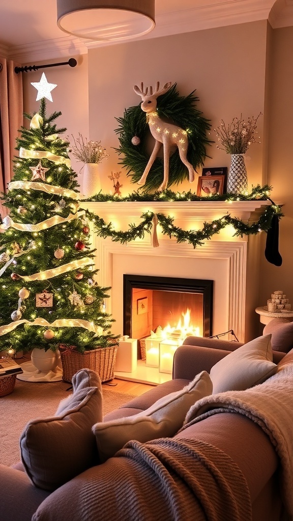 Indoor Christmas Light Decor Ideas A cozy living room decorated for Christmas with a lit tree and fairy lights.